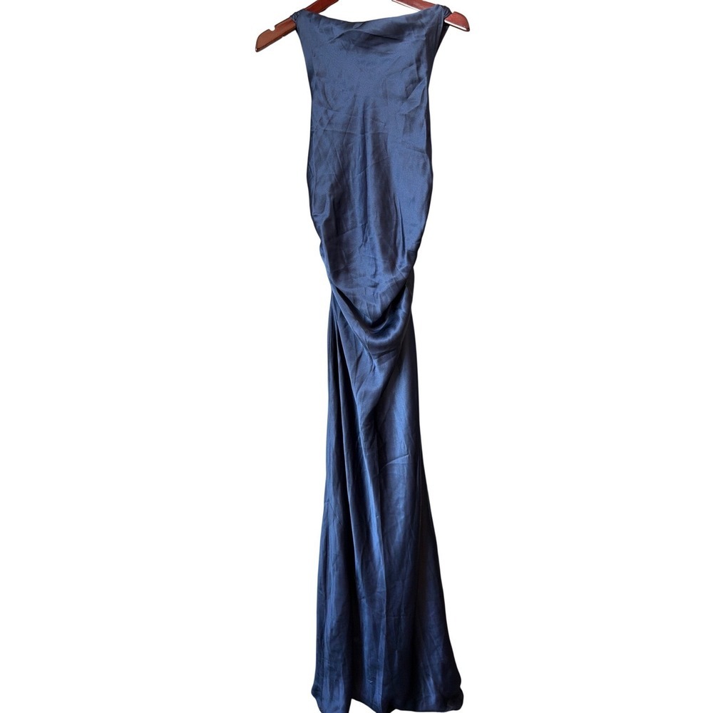 Reformation Anais Silk Maxi Dress Navy Blue Open Back High Neck Formal Gown NEW - Picture 6 of 7